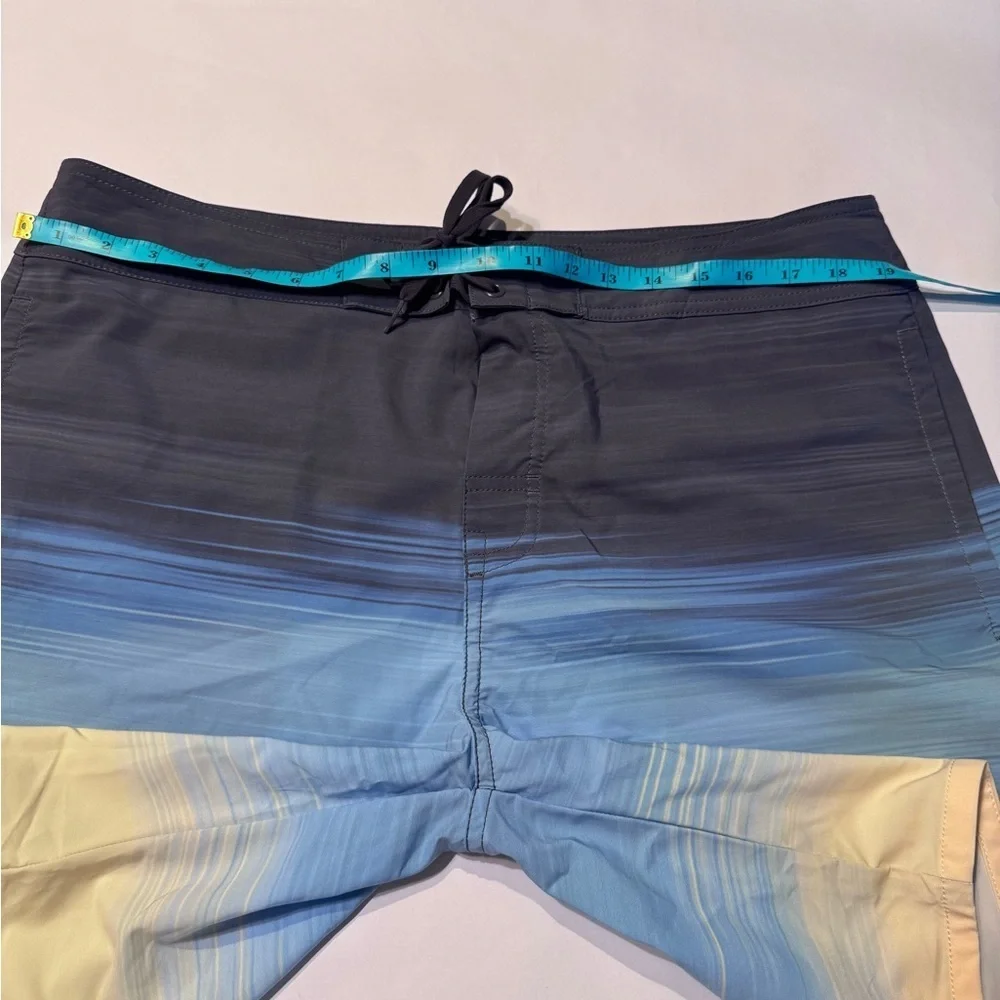 Travis Mathew Board Shorts Mens 36 Blue Tan Striped Swim Beach No Liner